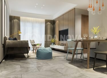 3d rendering loft luxury living room with shelf near dining table