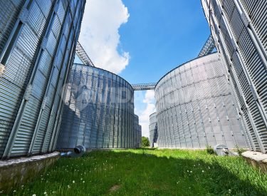 Agricultural Silos. Building Exterior. Storage and drying of grains, wheat, corn, soy, sunflower against the blue sky with white clouds.